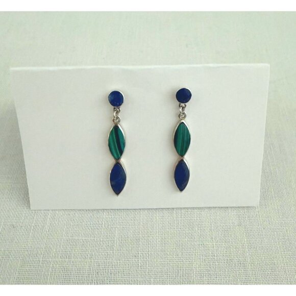 Lapis Lazuli and Malachite Drop Earrings Silver Tone Pierced - Picture 6 of 8